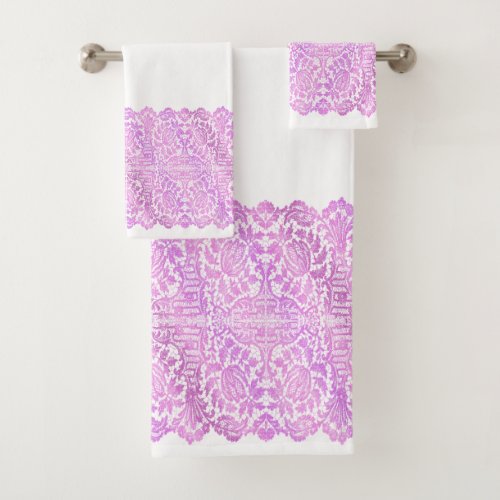 LUXURIOUS VIOLET Lace on white Bath Towel Set