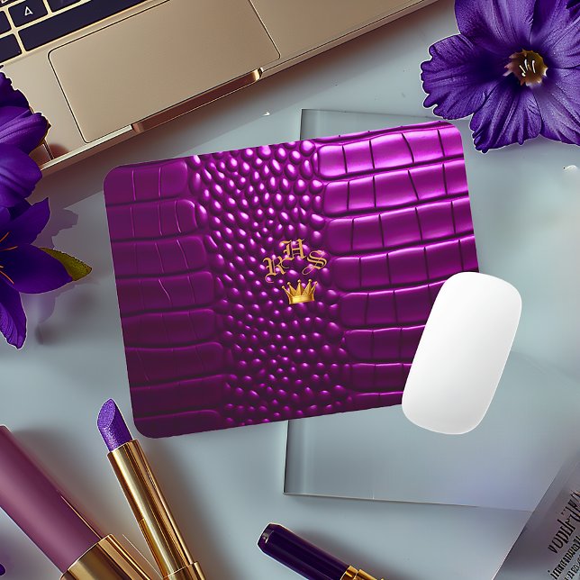 Luxurious Vivid Purple Faux Crocodile Monogrammed Mouse Pad (Chic and Stylish Violet Purple Monogrammed Faux Crocodile  Mouse Pad )