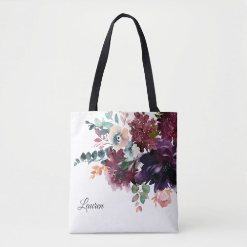 Luxurious Watercolor Burgundy Floral with Name Tote Bag