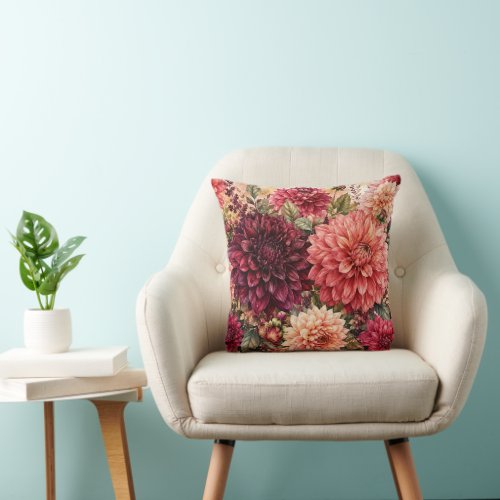 Luxurious Watercolor Dahlia Garden Throw Pillow