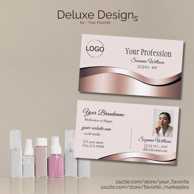Luxurious Waved Rose Gold Decor with Logo Photo Business Card (Creator Uploaded)