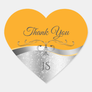 Luxurious Wavy Silver Decor on Orange Thank You Heart Sticker