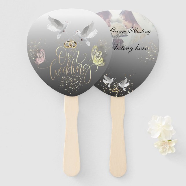 luxurious wedding with pigeons and butterflies hand fan (Front and Back)