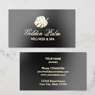 Luxurious wellness spa gold foil palm leaf logo spot gloss business cards