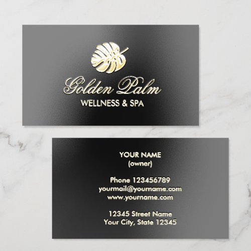 Luxurious wellness spa gold foil palm leaf logo spot gloss business cards