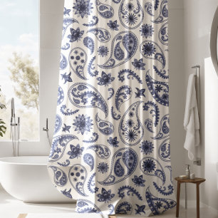 Luxurious White & Blue Paisley Shower Curtain