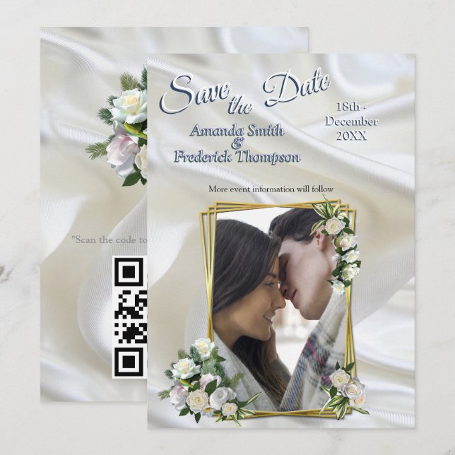Luxurious, White, Flowing Silk & White Roses. Invitation (Front/Back)
