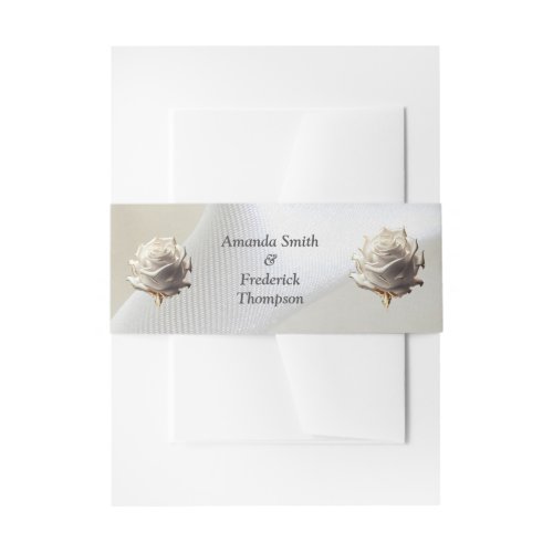 Luxurious, White, Flowing Silk &amp; White Roses. Invitation Belly Band
