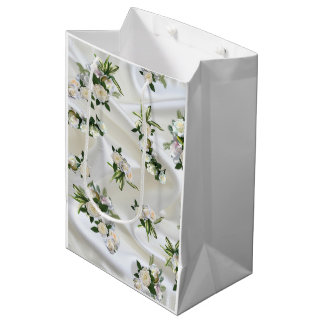 Luxurious, White, Flowing Silk & White Roses. Medium Gift Bag