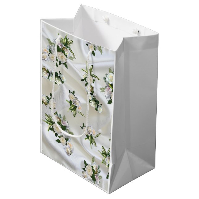 Luxurious, White, Flowing Silk & White Roses. Medium Gift Bag (Front Angled)
