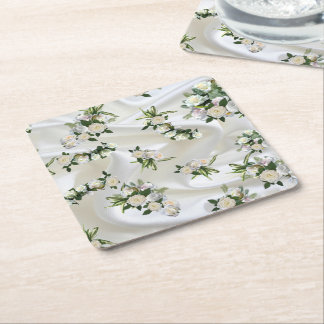 Luxurious, White, Flowing Silk & White Roses. Square Paper Coaster