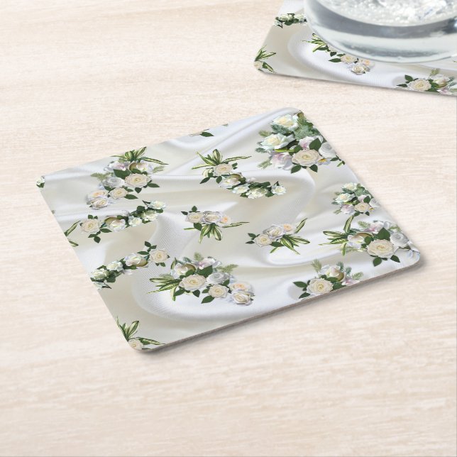 Luxurious, White, Flowing Silk & White Roses. Square Paper Coaster (Angled)