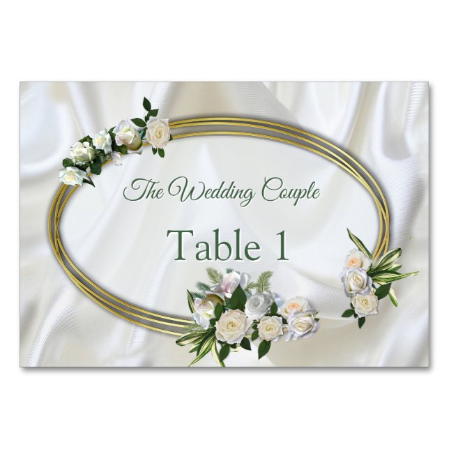 Luxurious, White, Flowing Silk & White Roses. Table Number (Front)