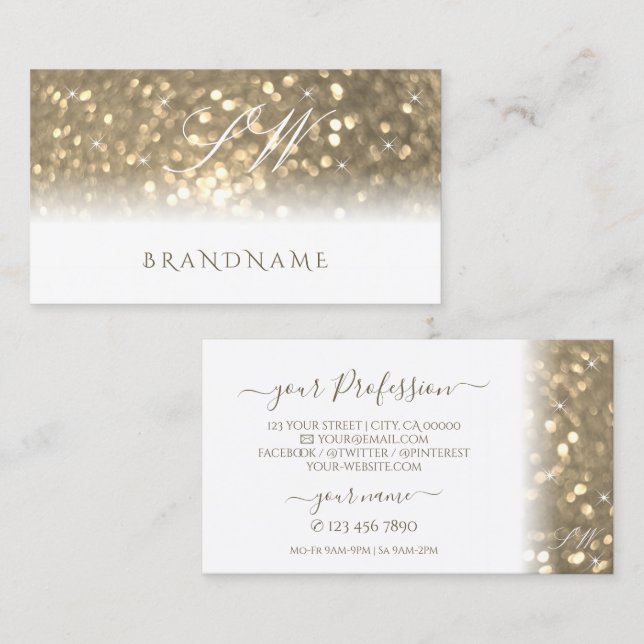 Luxurious White Gold Sparkling Glitter Monogram Business Card (Front/Back)