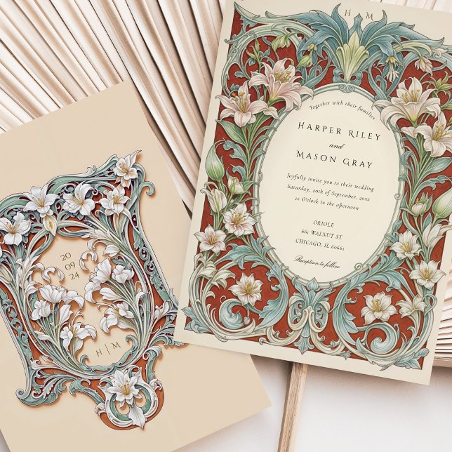 Luxurious White Lilies Art Nouveau Wedding Invitation (Creator Uploaded)