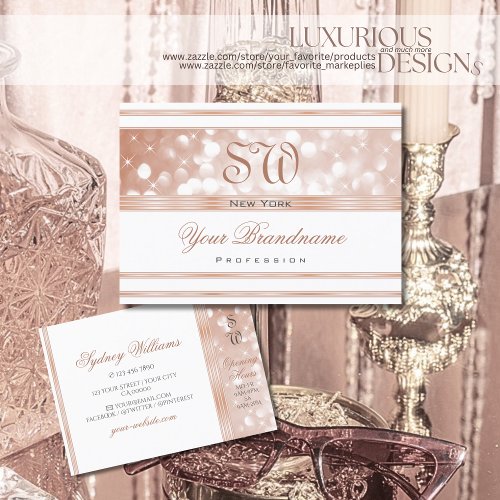 Luxurious White Rose Gold Sparkle Glitter Monogram Business Card