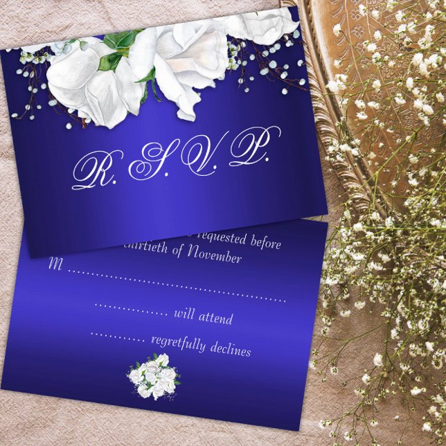 Luxurious White Roses and Dark Blue  RSVP Card (Creator Uploaded)