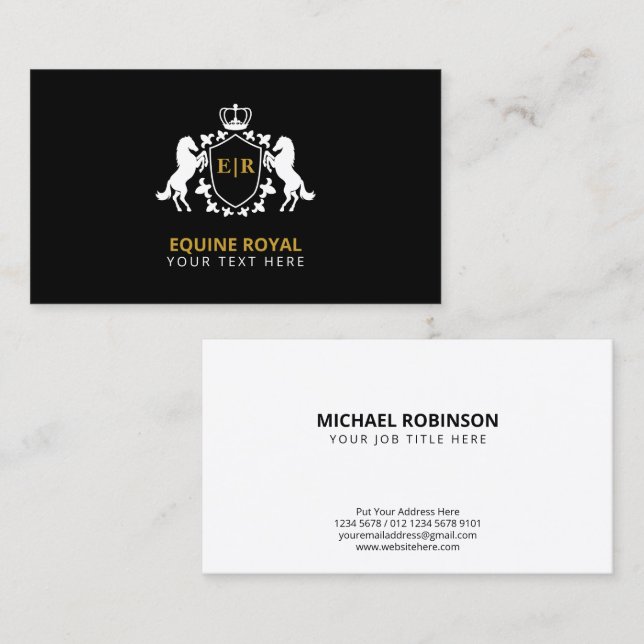 Luxurious White Royal Crest | Initial on Black Business Card (Front/Back)