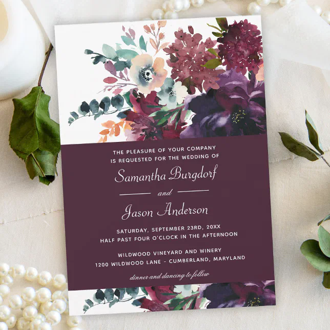 Luxurious Wine Elegant Watercolor Floral Wedding Invitation | Zazzle