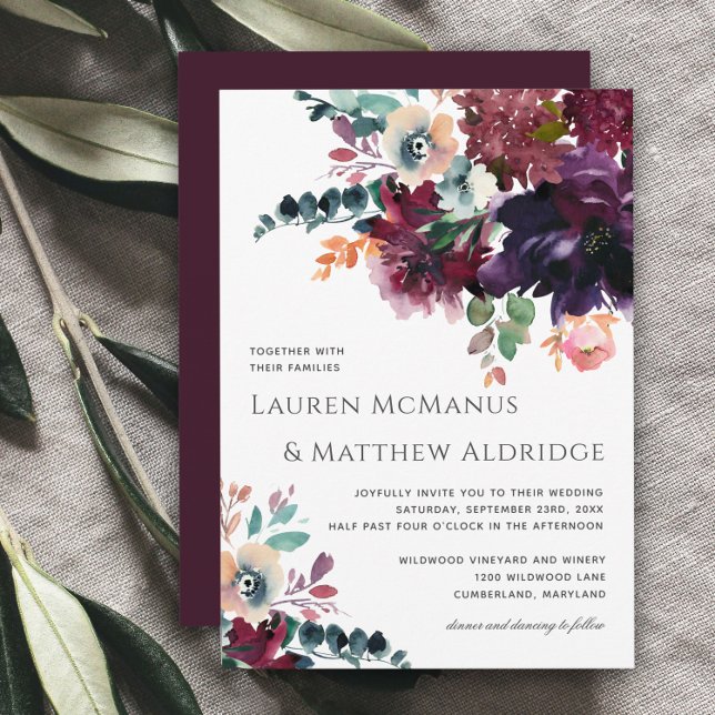 Luxurious Wine Elegant Watercolor Floral Wedding Invitation