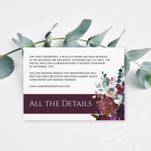 Luxurious Wine Floral Wedding Details Enclosure Card