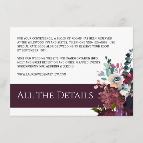 Luxurious Wine Floral Wedding Details Enclosure Card