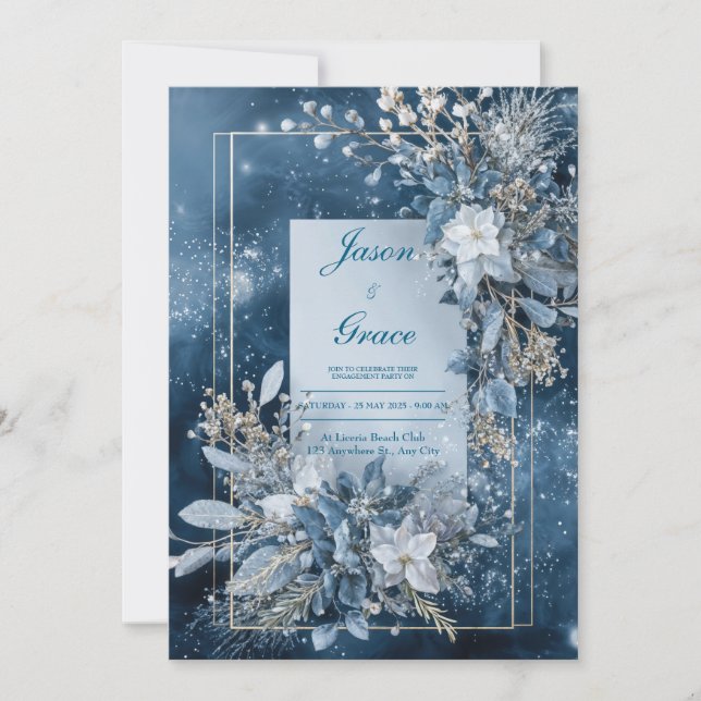 Luxurious Winter Celestial Blue Floral Gold Frame Invitation (Front)