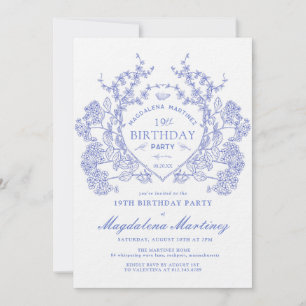 LUXURY 19st Birthday Vintage Blue Floral Crest Invitation