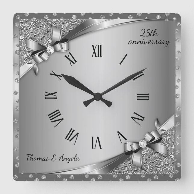 Luxury 25th Anniversary Metallic Silver & Diamond  Square Wall Clock (Front)
