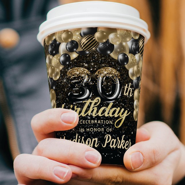 Luxury 30th Birthday Black Gold Personalized  Paper Cups (Creator Uploaded)