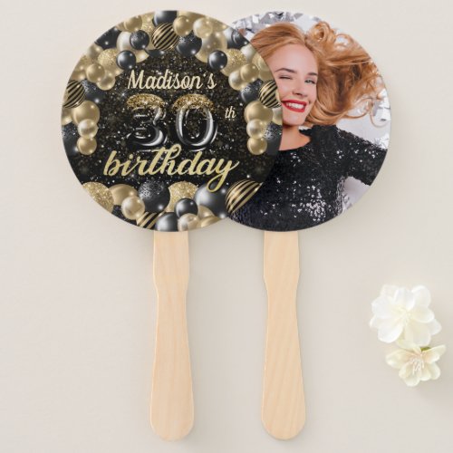 Luxury 30th Birthday Black Gold Photo Hand Fan