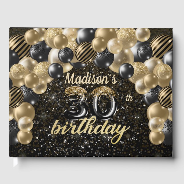 Luxury 30th Birthday Personalized Black Gold Guest Book (Front)