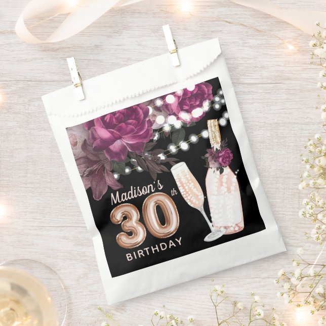 Luxury 30th Birthday Personalized Rose Wine Favor  Bag (Clipped)