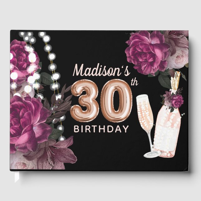 Luxury 30th Birthday Personalized Rose Wine Guest Book (Front)