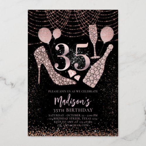 Luxury 35th Birthday Glitter Rose gold Black Foil Invitation