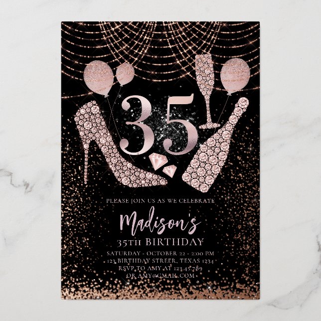 Luxury 35th Birthday Glitter Rose gold Black Foil Invitation (Front)