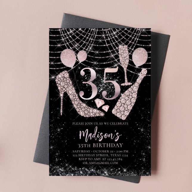 Luxury 35th Birthday Rose Gold & Black Glitter Invitation (Creator Uploaded)