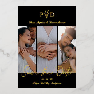 Luxury 3 Wedding Photos Collage Simple Branches Foil Invitation