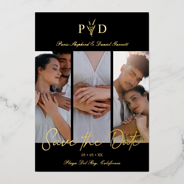 Luxury 3 Wedding Photos Collage Simple Branches Foil Invitation (Front)