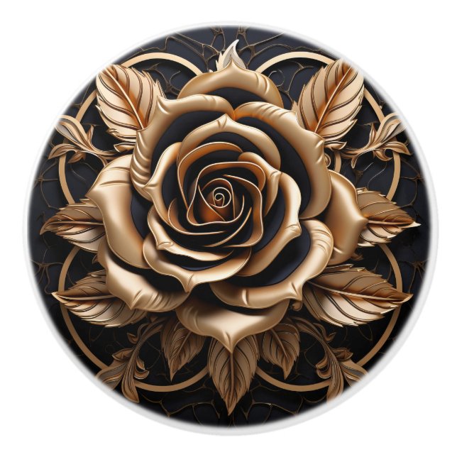 Luxury 3D Black And Gold Copper Rose Decor Print Ceramic Knob (Front)