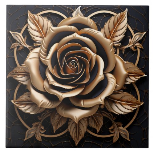 Luxury 3D Black And Gold Copper Rose Decor Print Ceramic Tile