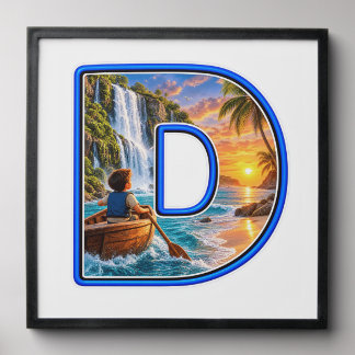 Luxury 3D Blue Letter D Waterfall Adventure Kids Peel And Stick Photo Tile