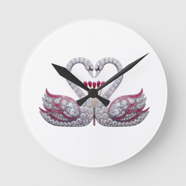 Luxury 3D Diamond Swans Heart - Elegant Wall Clock (Front)