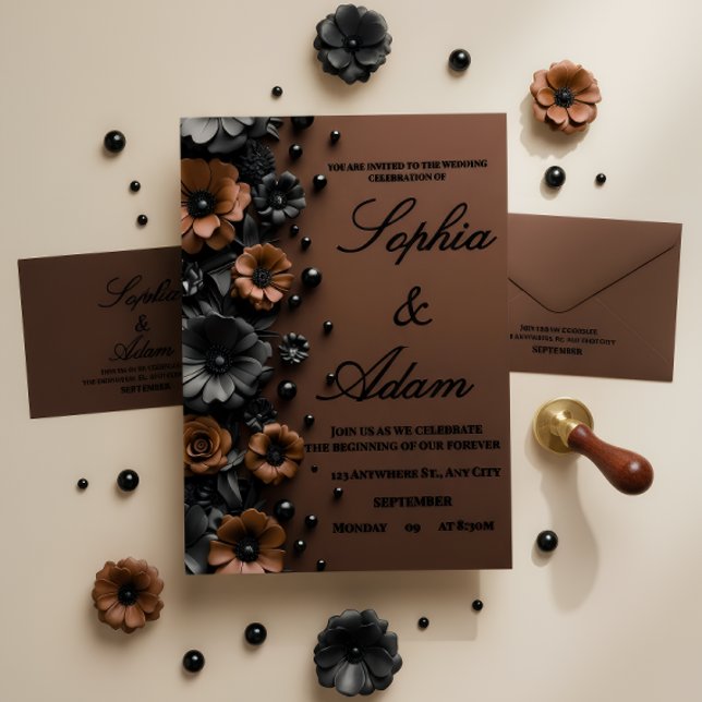 Luxury 3D Floral Bronze & Black Wedding Invitation (Creator Uploaded)
