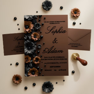 Luxury 3D Floral Bronze & Black Wedding Invitation