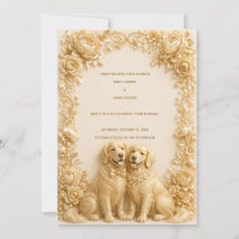 Luxury 3D Gold Golden Retriever Wedding Invitation