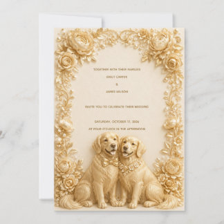 Luxury 3D Gold Golden Retriever Wedding Invitation