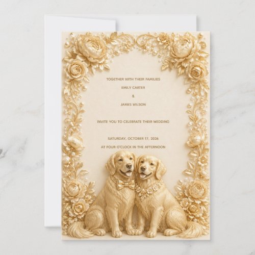 Luxury 3D Gold Golden Retriever Wedding Invitation