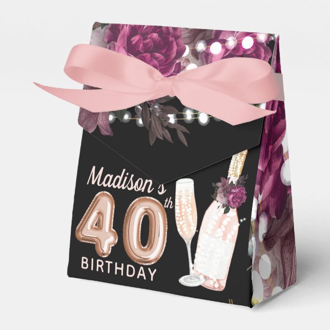 Luxury 40th Adult Birthday Rose Wine Personalized Favor Boxes (Front Side)