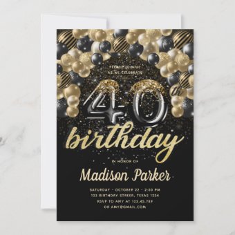 Luxury 40th Birthday Black Gold Balloon Glitter Invitation | Zazzle